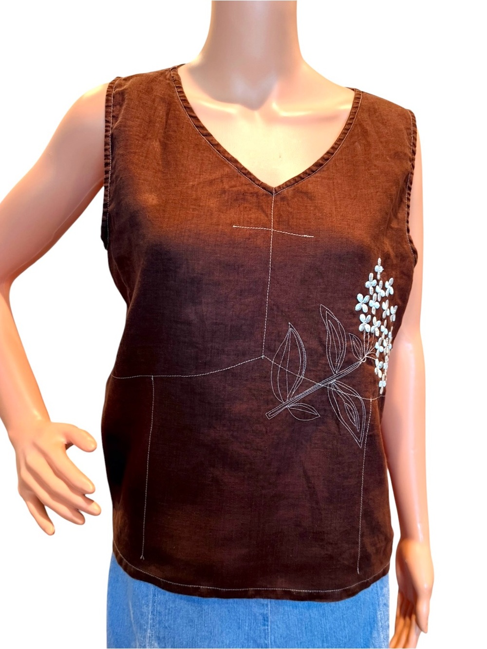 Embroidered Linen Top Sleeveless V-Neck Blouse Putumayo Chocolate Brown Large
